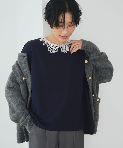 CROSS FUNCTION（クロスファンクション）の「《ストレッチ》サマ美え レース衿ジョーゼットバルーンスリーブトップス【CROSS FUNCTION/クロスファンクション】（Tシャツ/カットソー・レディース・オフホワイト/ネイビー・LL/L/M）」の2枚目の写真