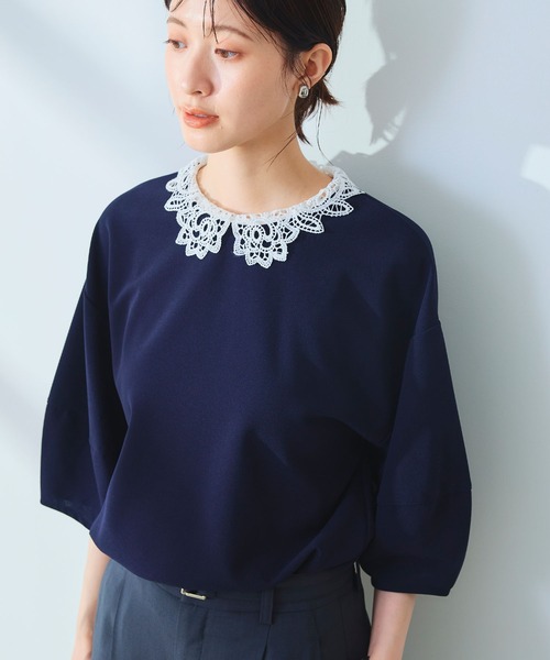 CROSS FUNCTION（クロスファンクション）の「《ストレッチ》サマ美え レース衿ジョーゼットバルーンスリーブトップス【CROSS FUNCTION/クロスファンクション】（Tシャツ/カットソー・レディース・オフホワイト/ネイビー・LL/L/M）」の3枚目の写真