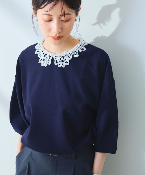 CROSS FUNCTION（クロスファンクション）の「《ストレッチ》サマ美え レース衿ジョーゼットバルーンスリーブトップス【CROSS FUNCTION/クロスファンクション】（Tシャツ/カットソー・レディース・オフホワイト/ネイビー・LL/L/M）」の4枚目の写真