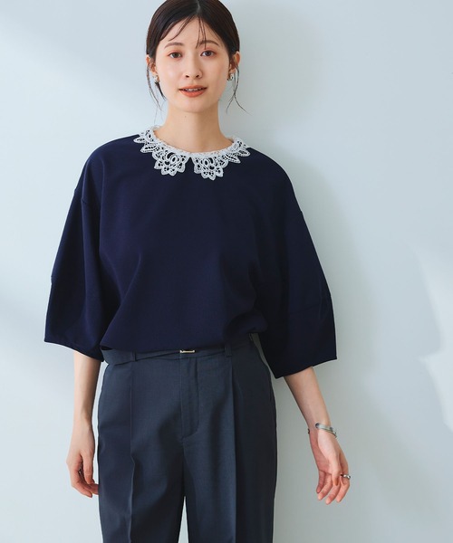 CROSS FUNCTION（クロスファンクション）の「《ストレッチ》サマ美え レース衿ジョーゼットバルーンスリーブトップス【CROSS FUNCTION/クロスファンクション】（Tシャツ/カットソー・レディース・オフホワイト/ネイビー・LL/L/M）」の6枚目の写真