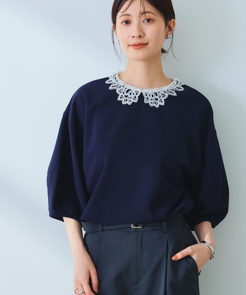 CROSS FUNCTION（クロスファンクション）の「《ストレッチ》サマ美え レース衿ジョーゼットバルーンスリーブトップス【CROSS FUNCTION/クロスファンクション】（Tシャツ/カットソー・レディース・オフホワイト/ネイビー・LL/L/M）」の5枚目の写真