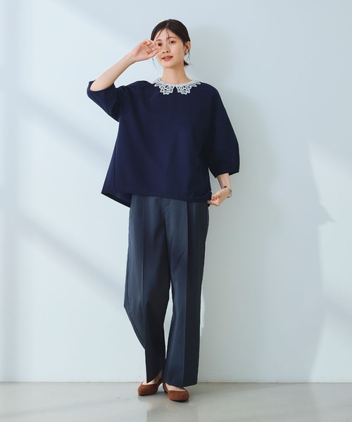 CROSS FUNCTION（クロスファンクション）の「《ストレッチ》サマ美え レース衿ジョーゼットバルーンスリーブトップス【CROSS FUNCTION/クロスファンクション】（Tシャツ/カットソー・レディース・オフホワイト/ネイビー・LL/L/M）」の10枚目の写真