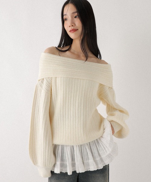 Heather（ヘザー）の「ランダムリブオフショルニット　598395（ニット/セーター・レディース・アイボリー/グレー/ブラウン・FREE）」の2枚目の写真