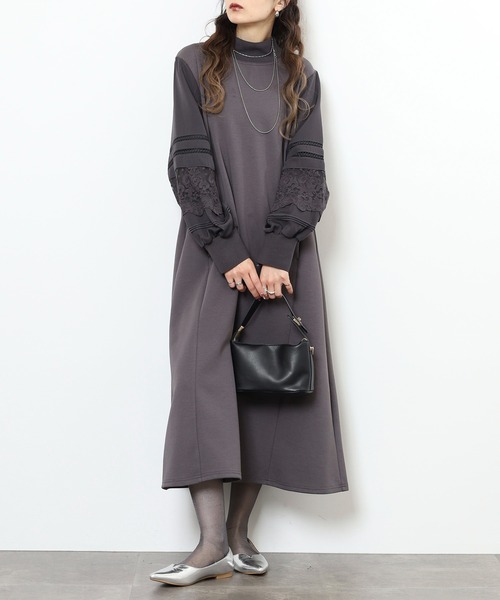 EGLANTINE(エグランティーヌ)の「EGLANTINE リブ使い 袖レースワンピース(ワンピース・レディース・ブラック/ブラウン/チャコールグレー・38)」の2枚目の写真