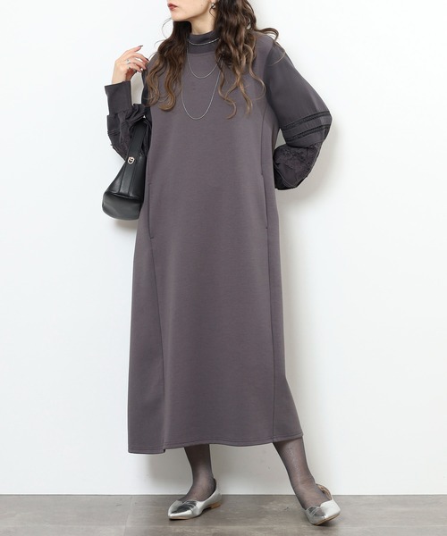 EGLANTINE(エグランティーヌ)の「EGLANTINE リブ使い 袖レースワンピース(ワンピース・レディース・ブラック/ブラウン/チャコールグレー・38)」の11枚目の写真
