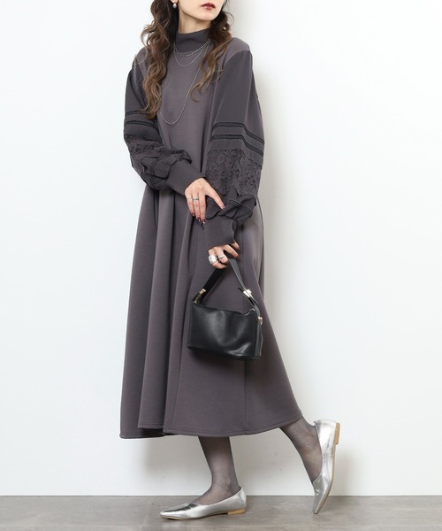 EGLANTINE(エグランティーヌ)の「EGLANTINE リブ使い 袖レースワンピース(ワンピース・レディース・ブラック/ブラウン/チャコールグレー・38)」の9枚目の写真