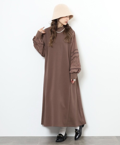 EGLANTINE(エグランティーヌ)の「EGLANTINE リブ使い 袖レースワンピース(ワンピース・レディース・ブラック/ブラウン/チャコールグレー・38)」の15枚目の写真