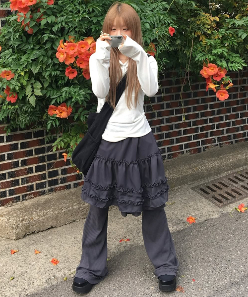 セール】3-Layered Ruffle Skirt Pants (FL-260_Charcoal)（その他