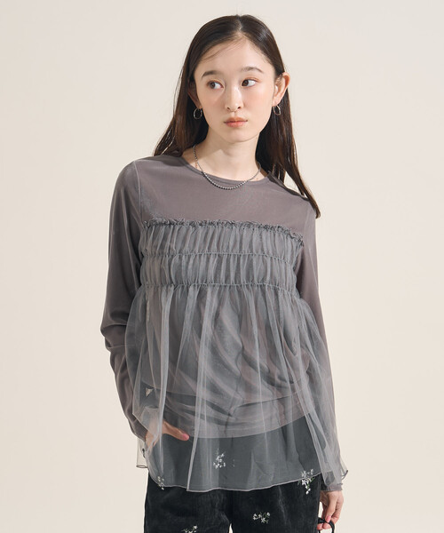 FREAK'S STORE（フリークスストア）の「ベロアジャージ チュールドッキングトップス（Tシャツ/カットソー・レディース・ライトグレー/ブラウン/ブラック/ワイン・ﾌﾘ-）」の5枚目の写真