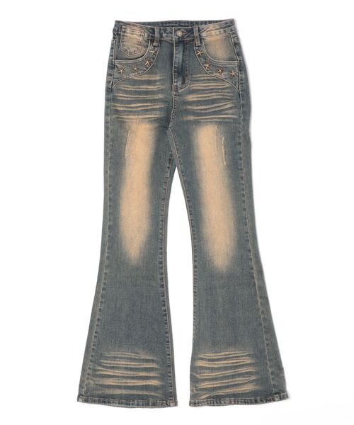 MEMECLE（メメクル）の「【MEMECLE/メメクル】ワンウォッシュ　スタッズ　ヴィンテージライクベルボトム（デニムパンツ・レディース・インディゴブルー・MEDIUM/LARGE）」の2枚目の写真