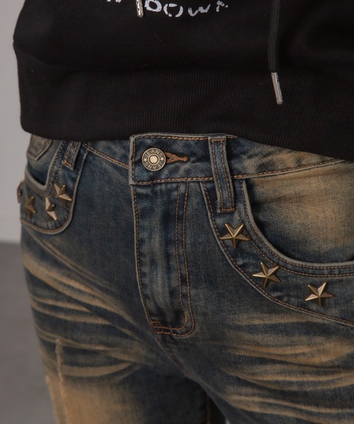 MEMECLE（メメクル）の「【MEMECLE/メメクル】ワンウォッシュ　スタッズ　ヴィンテージライクベルボトム（デニムパンツ・レディース・インディゴブルー・MEDIUM/LARGE）」の6枚目の写真