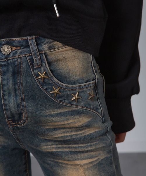 MEMECLE（メメクル）の「【MEMECLE/メメクル】ワンウォッシュ　スタッズ　ヴィンテージライクベルボトム（デニムパンツ・レディース・インディゴブルー・MEDIUM/LARGE）」の7枚目の写真