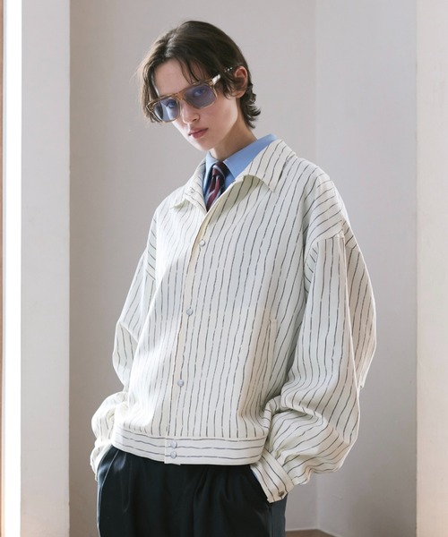 Soerte ルーズニュアンスストライプショートブルゾン セール】Loose Nuance Stripe Shirt Blouson/ルーズニュアンス