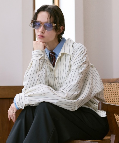Soerte ルーズニュアンスストライプショートブルゾン セール】Loose Nuance Stripe Shirt Blouson/ルーズニュアンス