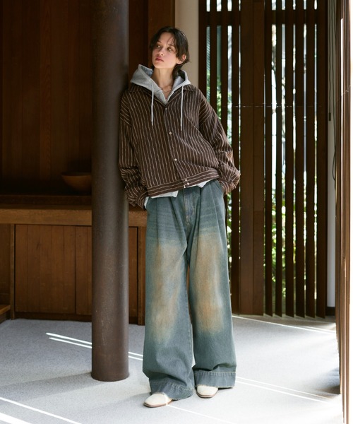 セール】Loose Nuance Stripe Shirt Blouson/ルーズニュアンス