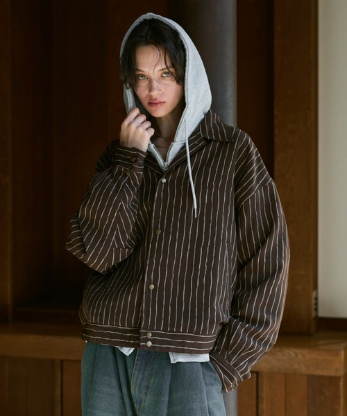 soerte（ソエルテ）の「Loose Nuance Stripe Shirt Blouson/ルーズニュアンスストライプショートブルゾン（ブルゾン・メンズ・ホワイト/イエロー/ブラック/ブラウン・2/1/3）」の12枚目の写真