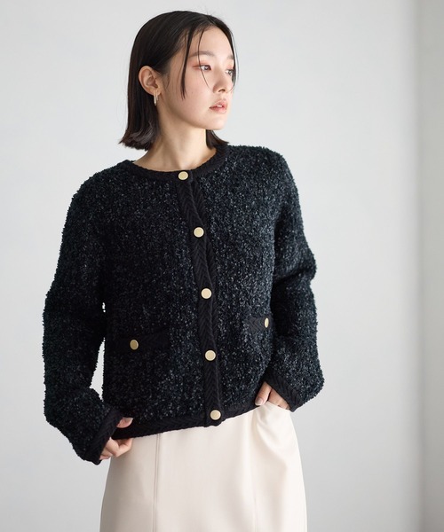 Andemiu（アンデミュウ）の「リボンヤーンクルーカーディガン638255（カーディガン/ボレロ・レディース・アイボリー/ブラック/グリーン・FREE）」の3枚目の写真