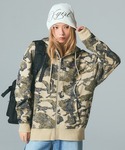 X-girl（エックスガール）の「EMBROIDERED LOGO ZIP UP SWEAT HOODIE（パーカー・レディース・ブラック/カモフラージュ/ベージュ・S/M）」の8枚目の写真