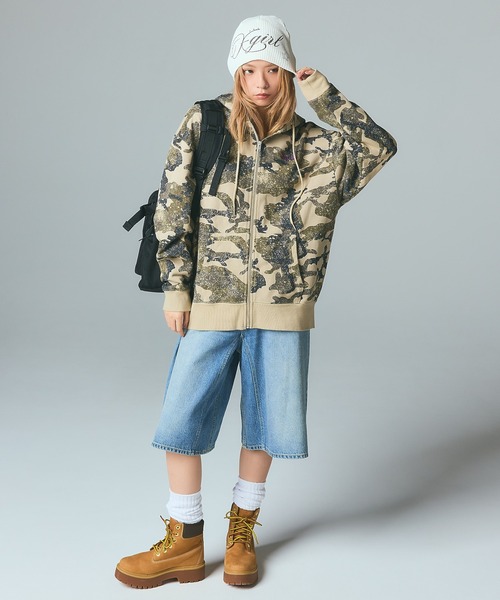 X-girl（エックスガール）の「EMBROIDERED LOGO ZIP UP SWEAT HOODIE（パーカー・レディース・ブラック/カモフラージュ/ベージュ・S/M）」の9枚目の写真