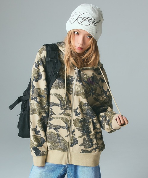 X-girl（エックスガール）の「EMBROIDERED LOGO ZIP UP SWEAT HOODIE（パーカー・レディース・ブラック/カモフラージュ/ベージュ・S/M）」の10枚目の写真