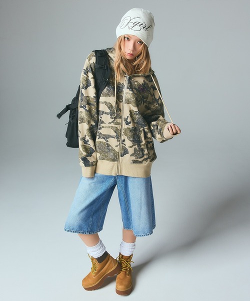 X-girl（エックスガール）の「EMBROIDERED LOGO ZIP UP SWEAT HOODIE（パーカー・レディース・ブラック/カモフラージュ/ベージュ・S/M）」の11枚目の写真
