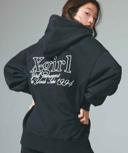 X-girl（エックスガール）の「EMBROIDERED LOGO ZIP UP SWEAT HOODIE（パーカー・レディース・ブラック/カモフラージュ/ベージュ・S/M）」の5枚目の写真