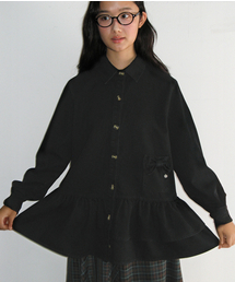 RIBBON POCKET FRILL DENIM SHIRT BLACK
