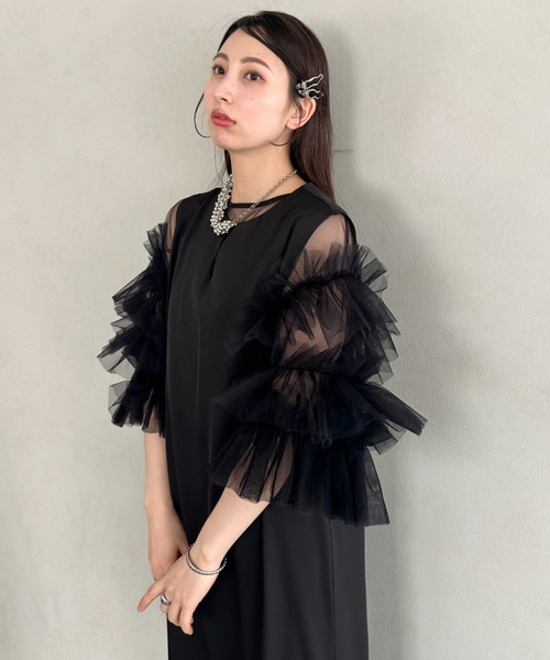 MYMOOD.(マイムード)の「袖ボリュームフリルシアーレイヤード V ネックロングワンピース パーティードレス 結婚式 お呼ばれ オケージョンドレス(ドレス・レディース・ブラック/アイボリー/ブラック系その他・FREE)」の14枚目の写真