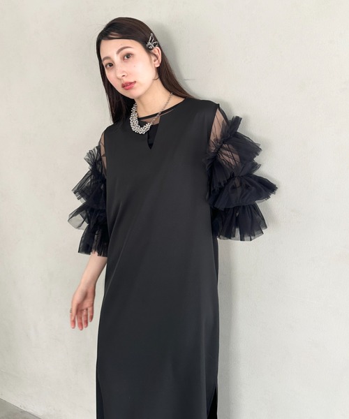 MYMOOD.(マイムード)の「袖ボリュームフリルシアーレイヤード V ネックロングワンピース パーティードレス 結婚式 お呼ばれ オケージョンドレス(ドレス・レディース・ブラック/アイボリー/ブラック系その他・FREE)」の19枚目の写真