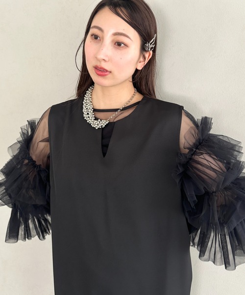 MYMOOD.(マイムード)の「袖ボリュームフリルシアーレイヤード V ネックロングワンピース パーティードレス 結婚式 お呼ばれ オケージョンドレス(ドレス・レディース・ブラック/アイボリー/ブラック系その他・FREE)」の12枚目の写真