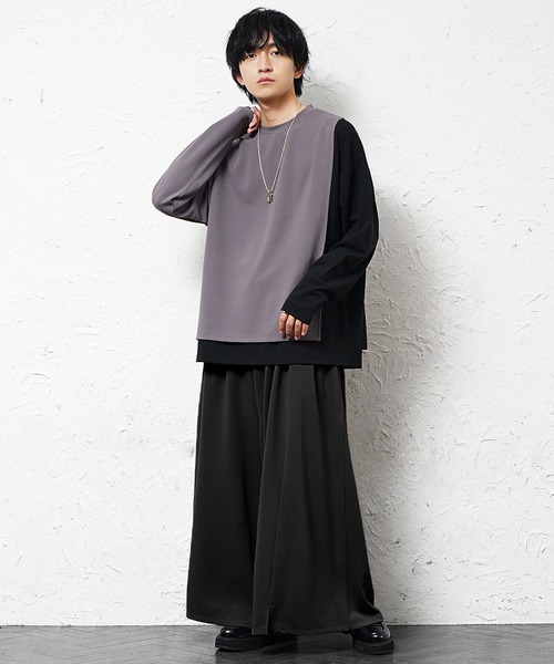 激レア★ファガッセン 変形ロンT ペイント アシンメトリー 長袖カットソー 黒 MinoriTY】梨地素材アシンメトリーバイカラーロンTセットアップ 長袖T