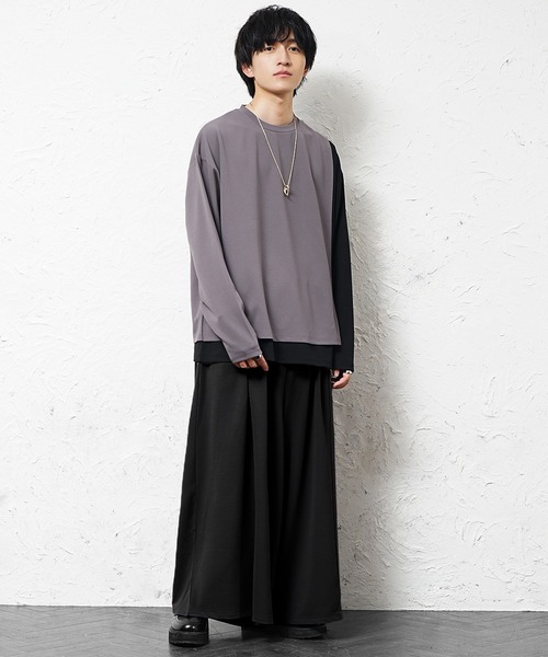 MinoriTY】梨地素材アシンメトリーバイカラーロンTセットアップ 長袖T