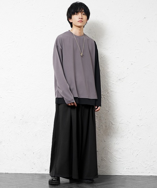 MinoriTY】梨地素材アシンメトリーバイカラーロンTセットアップ 長袖T