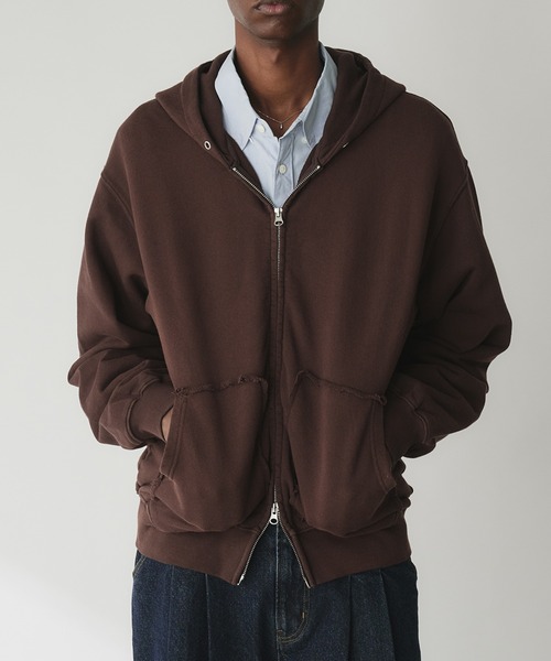 Ozz on オッズオン　編み上げ　ジップ　ジャケット　パーカー　ブラウン　長袖 セール】Double-Zip Colorway Hoodie / ダブルジップ裏毛カラー