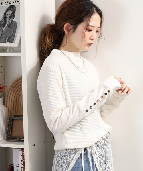 Quelle Chance(ケルシャンス)の「袖多種釦モックネック指穴プルオーバー 長袖(Tシャツ/カットソー・レディース・ネイビー/オフホワイト/杢グレー・M/L)」の1枚目の写真