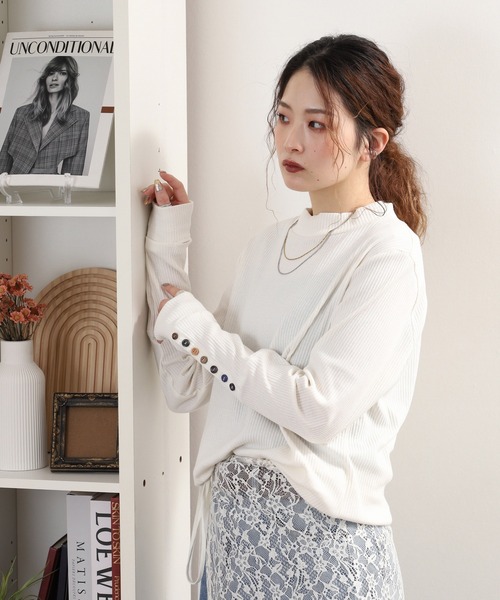 Quelle Chance(ケルシャンス)の「袖多種釦モックネック指穴プルオーバー 長袖(Tシャツ/カットソー・レディース・ネイビー/オフホワイト/杢グレー・M/L)」の4枚目の写真