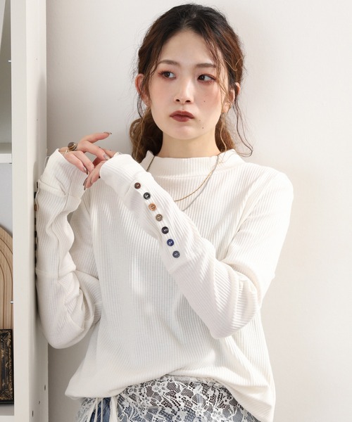 Quelle Chance(ケルシャンス)の「袖多種釦モックネック指穴プルオーバー 長袖(Tシャツ/カットソー・レディース・ネイビー/オフホワイト/杢グレー・M/L)」の5枚目の写真