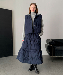 [SET] Padded Hooded Vest+Long Skirt Set-up