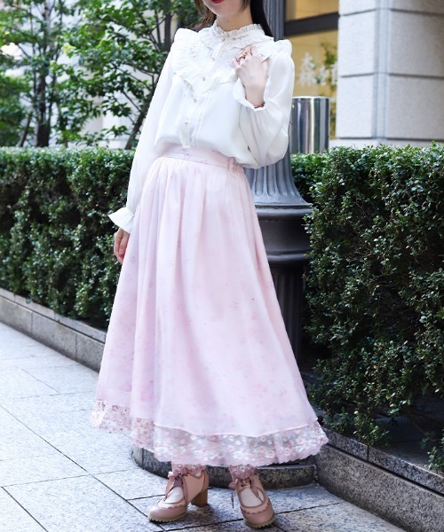 パーリーゲイツPOP 桜 プリントカツラギ ストレッチスカート桜モチーフサイズ0 桜レース×桜柄スカート（スカート）｜axes femme（アクシーズファム
