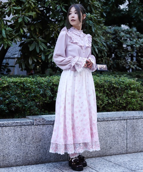 Axes Femme 桜 レース × 桜柄 ロング フレア スカート ピンク axes femme（アクシーズ ファム） スカート 桜レース×桜柄スカート