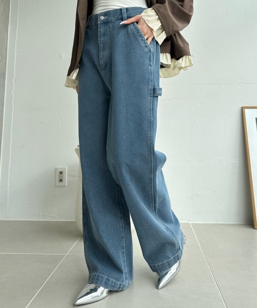 umune(ウムネ)の「ペインターパンツ デニム ジーンズ ワイドシルエット ワークパンツ ライトオンス ハンマーループ ルーズ カジュアル ボトムス 秋 冬(その他パンツ・レディース・ライトインディゴブルー/インディゴブルー・S/M)」の3枚目の写真