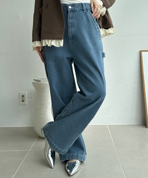 umune(ウムネ)の「ペインターパンツ デニム ジーンズ ワイドシルエット ワークパンツ ライトオンス ハンマーループ ルーズ カジュアル ボトムス 秋 冬(その他パンツ・レディース・ライトインディゴブルー/インディゴブルー・S/M)」の4枚目の写真