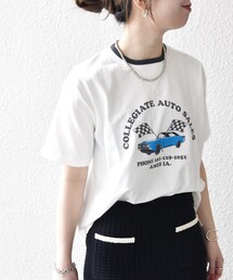 【SHIPS any別注】Collegiate Pacific:〈洗濯機可能〉V ガゼット プリント & 刺繍 Tシャツ