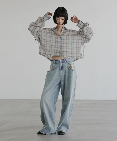 LOWRYS FARM（ローリーズファーム）の「シアーチェックシャツショート  647625（シャツ/ブラウス・レディース・ブルー/ブラウン/ベージュ・FREE）」の4枚目の写真