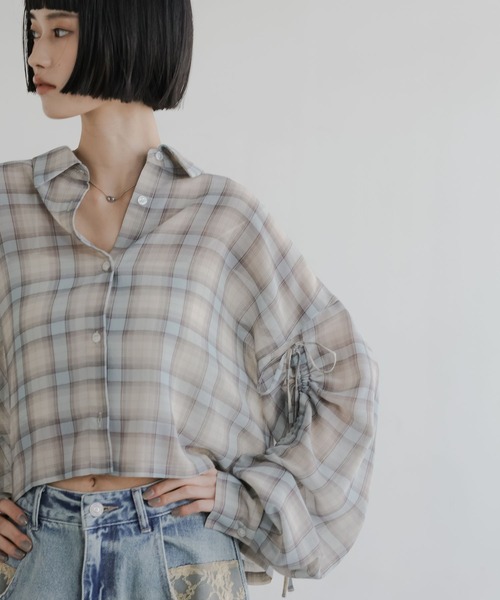 LOWRYS FARM（ローリーズファーム）の「シアーチェックシャツショート  647625（シャツ/ブラウス・レディース・ブルー/ブラウン/ベージュ・FREE）」の6枚目の写真