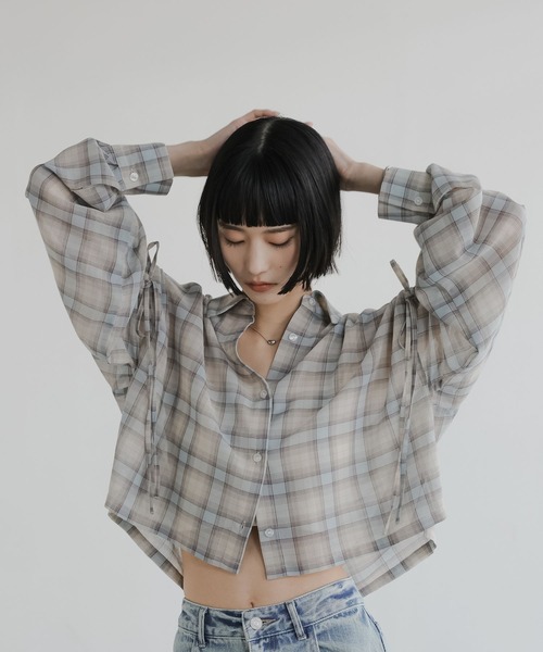 LOWRYS FARM（ローリーズファーム）の「シアーチェックシャツショート  647625（シャツ/ブラウス・レディース・ブルー/ブラウン/ベージュ・FREE）」の8枚目の写真