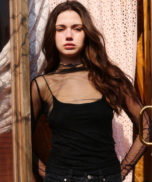 ERER(エルエル)の「Sheer High Neck T-shirt Black(Tシャツ/カットソー・レディース・ブラック・F)」の1枚目の写真