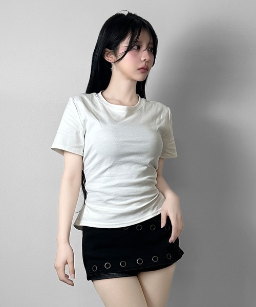 FOLLOWIN(フォロウィン)の「バックレースアップ 2WAYフィットTシャツ(Tシャツ/カットソー・レディース・グレー/ブラック/ホワイト・FREE)」の14枚目の写真