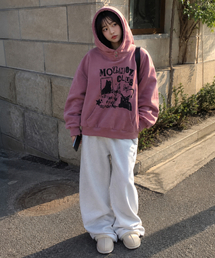 テリー裏起毛ピグメントミステリーキャットオーバーサイズフードピンク