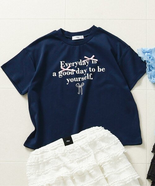 algy(アルジー)の「シルケット加工りぼん付きロゴ半袖Tシャツ(Tシャツ/カットソー・キッズ・サックスブルー/オフホワイト/ネイビー・150/140/130/160/120)」の2枚目の写真